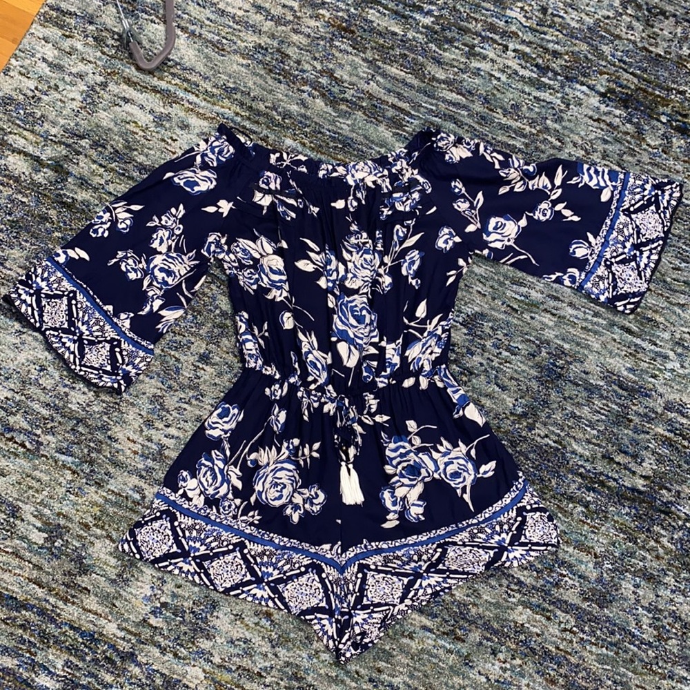 Angie Navy Blue off the Shoulder Floral Romper